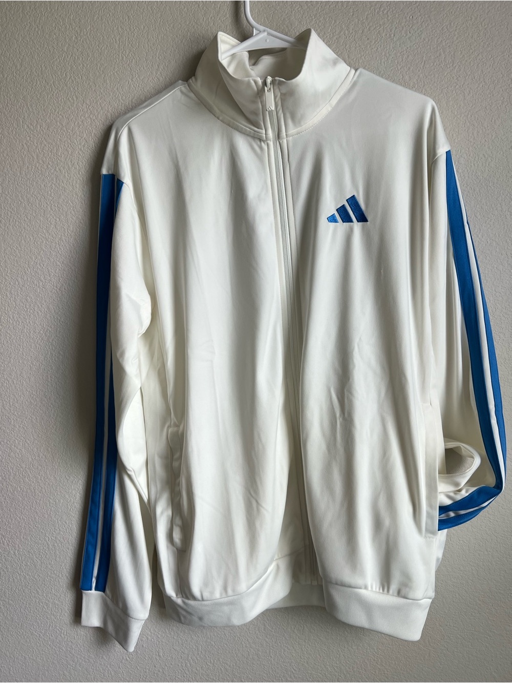 adidas White Jacket with Blue Stripe Accents